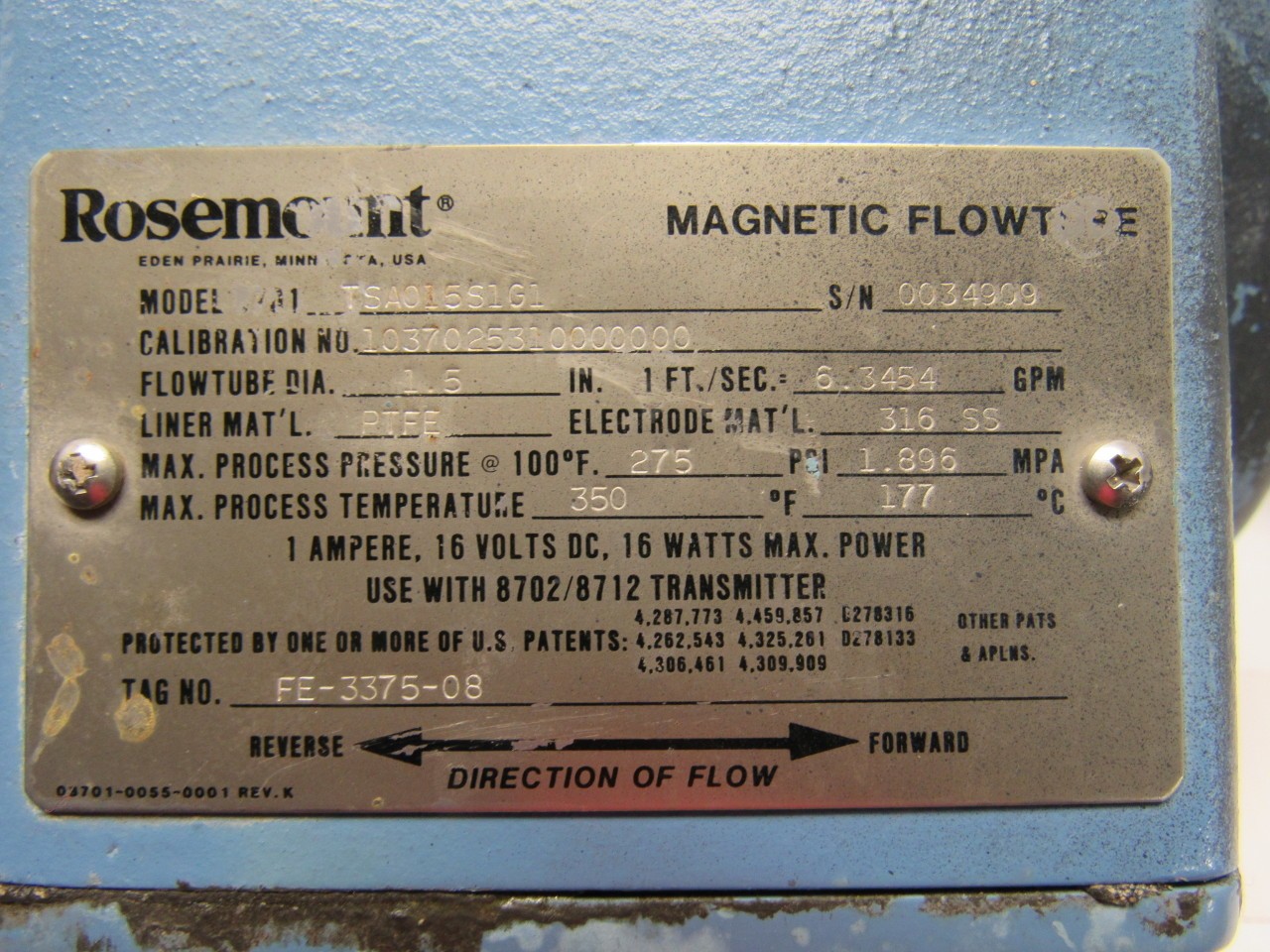 Rosemount 8701TSA015S1G1 1-1/2″ Magnetic Flow Tube Flanged Sensor
