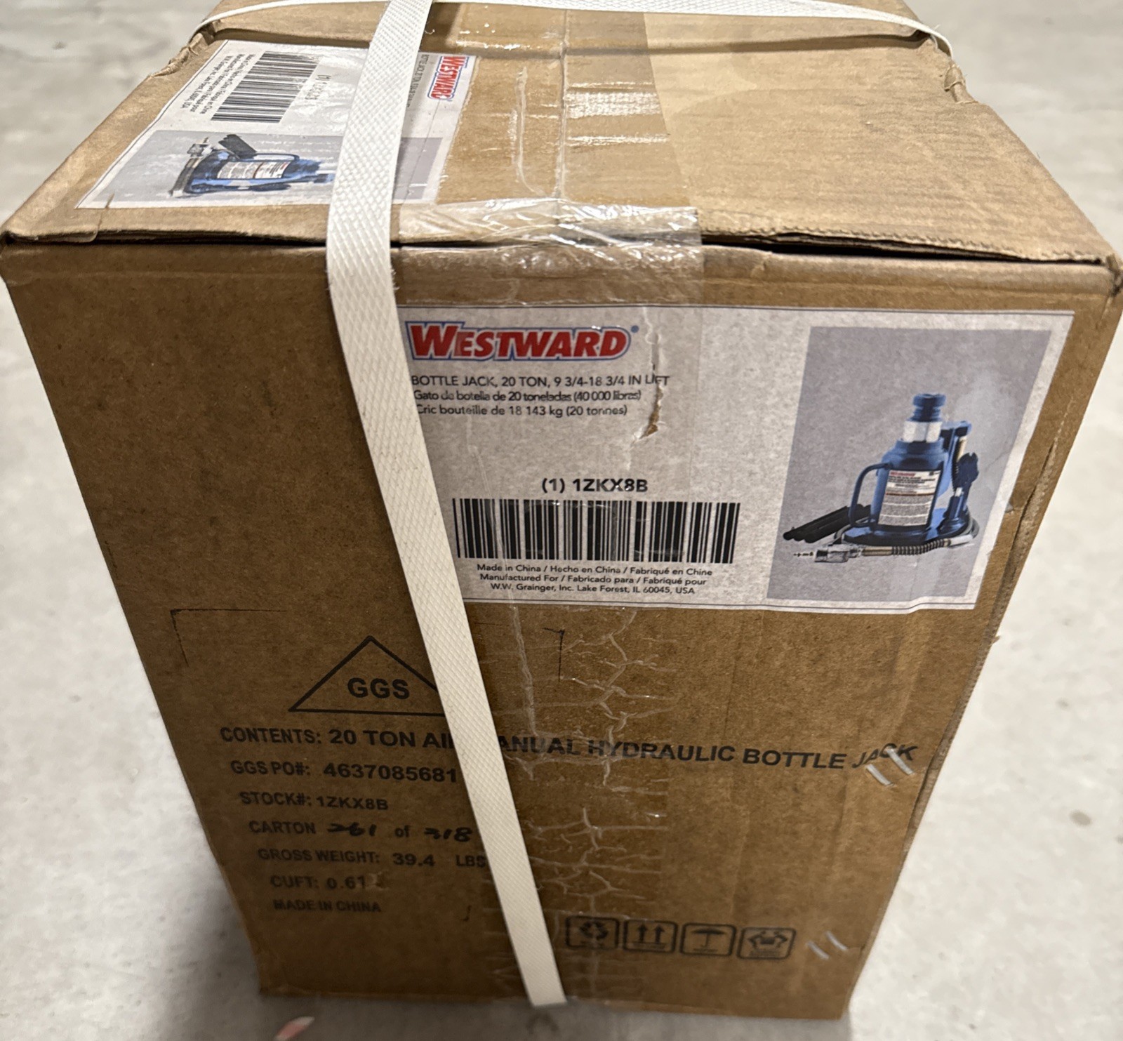 Westward 1ZKX8 Bottle Jack, 20 Ton Manual Hydraulic, 9 3/4 – 18 3/4 In Lift