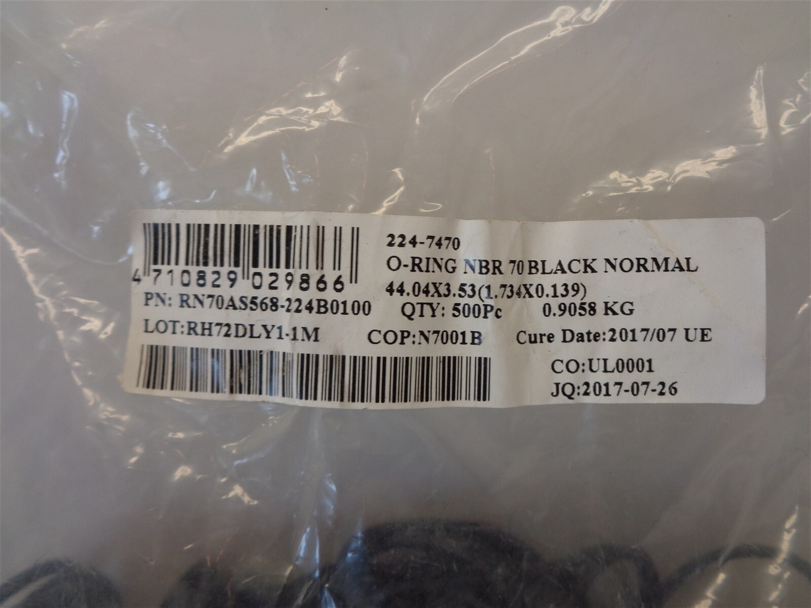 Qty = 1 Bag of 500: O-Ring NBR 70 Black 44.04 x 3.53 P/N: RN70AS568-224B0100