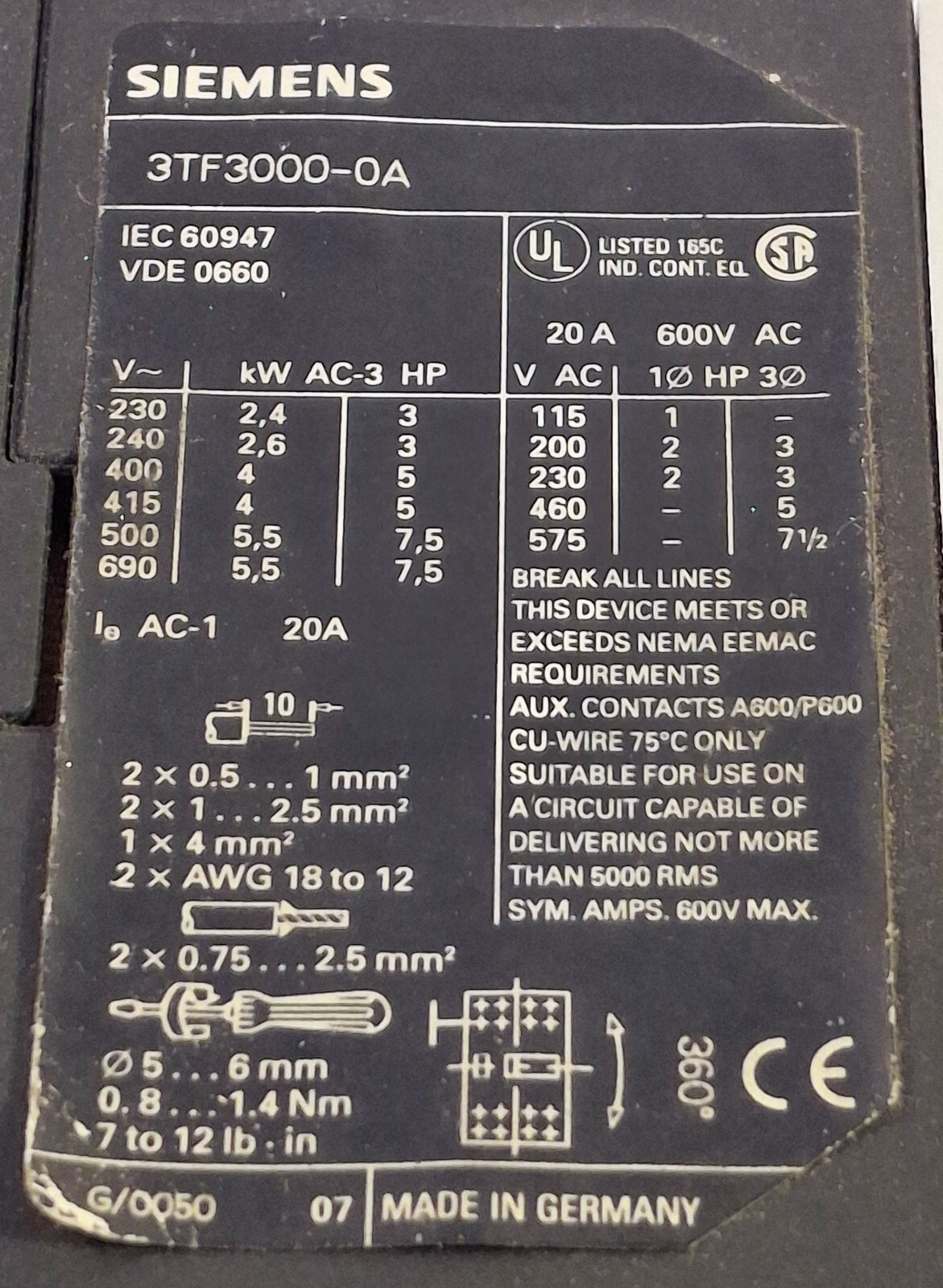1 USED SIEMENS 3TF3000-0A CONTACTOR 20A 600V ***MAKE OFFER***