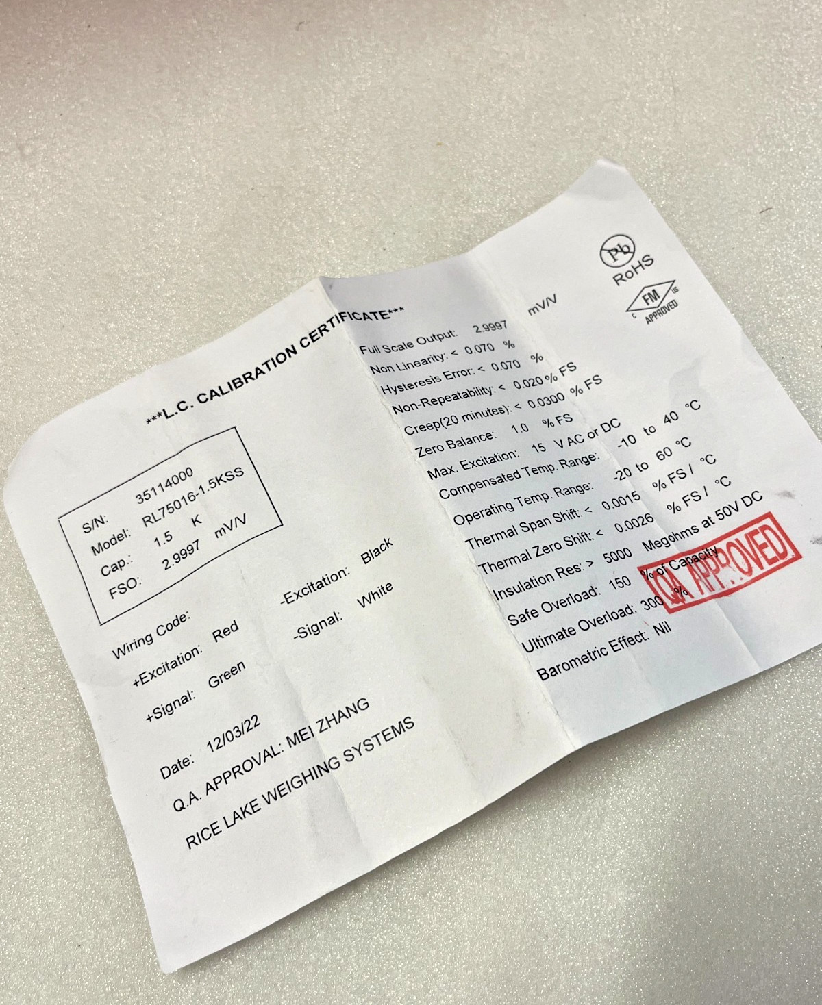 New Rice Lake RL75016-1.5KSS Load Cell 1.5K Cap 17303