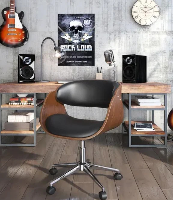 Mid-century Modern Office Chair Adjustable Black Upholstered Swivel Wood Metal