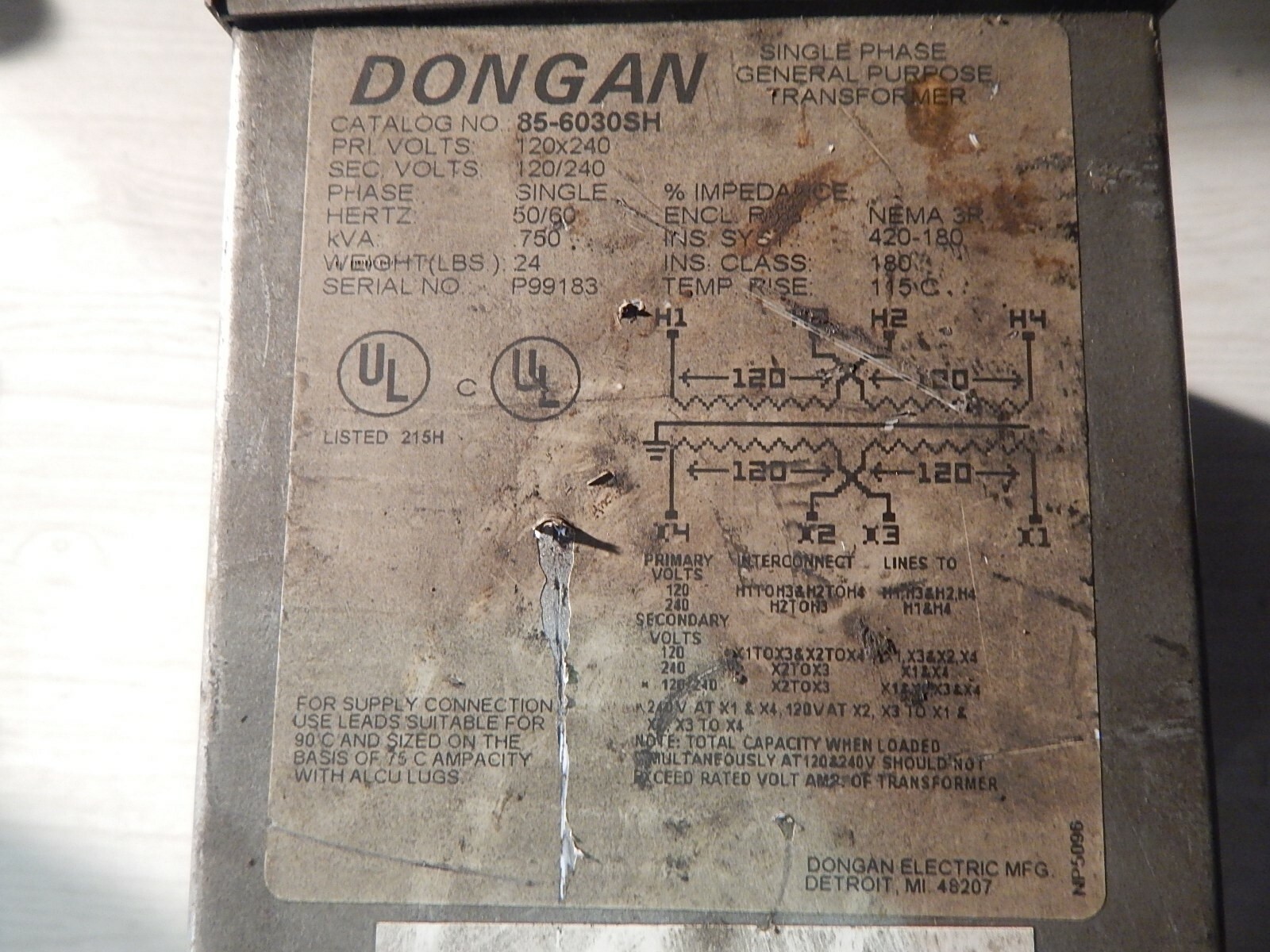 Dongan 85-6030SH P99183 NP5096 Single Phase General Purpose Transformer