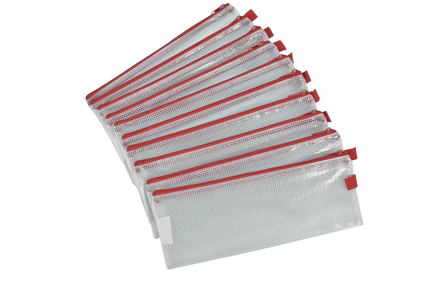 Sax Mesh Zippered Bag, 5 x 13 Inches, Clear with Red Trim, Pack of Clear,Red