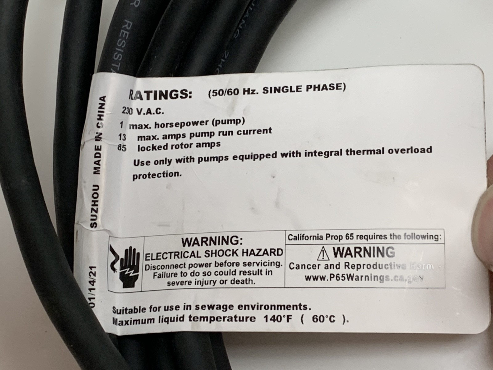 Grinder / Sewage pump 20 ft. Tethered Float Switch – 13 amp 230v. plug – NEW