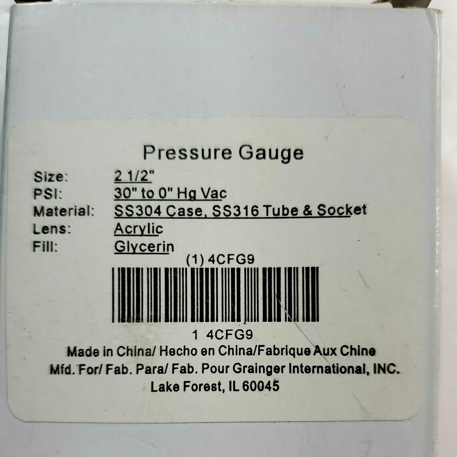 Grainger 4CFG9 Vacuum Gauge 30-0 In Hg Glycerin Filled 1/4″ NPT Stainless