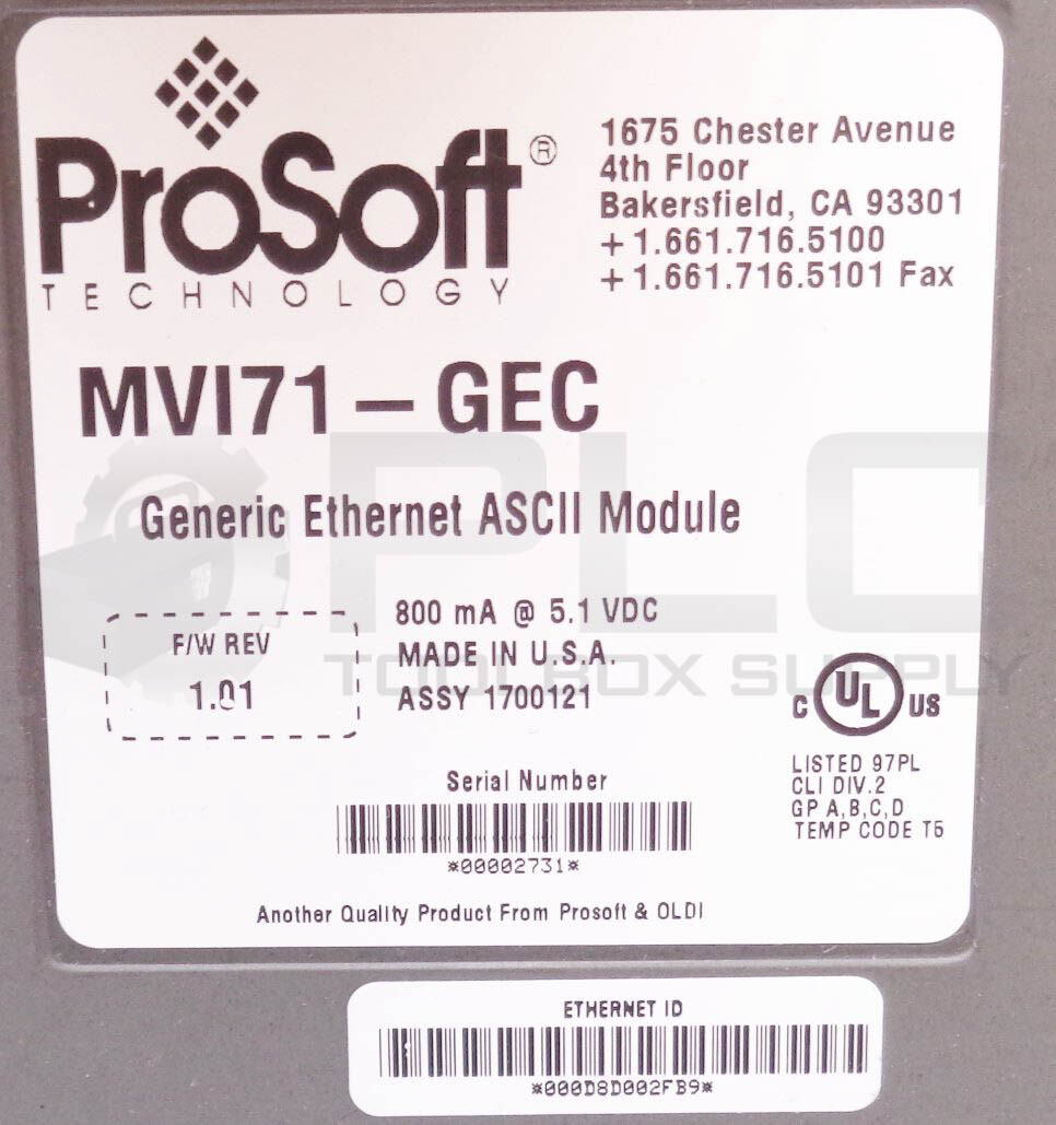 PROSOFT MVI71-GEC GENERIC ETHERNET ASCII MODULE