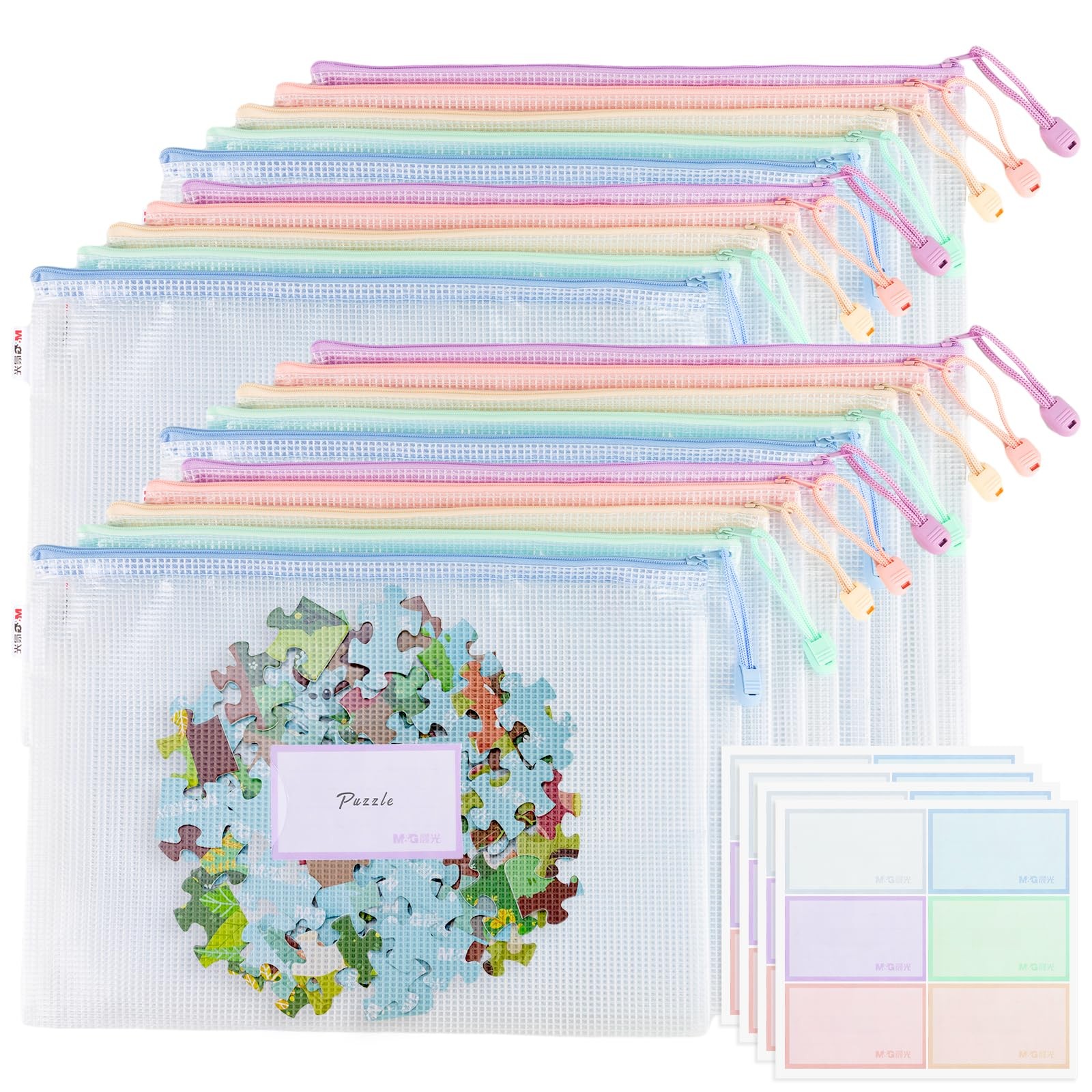 20pcs Mesh Zipper Pouch Bags File Puzzle A4-Macaroon Color, Macaroon Color