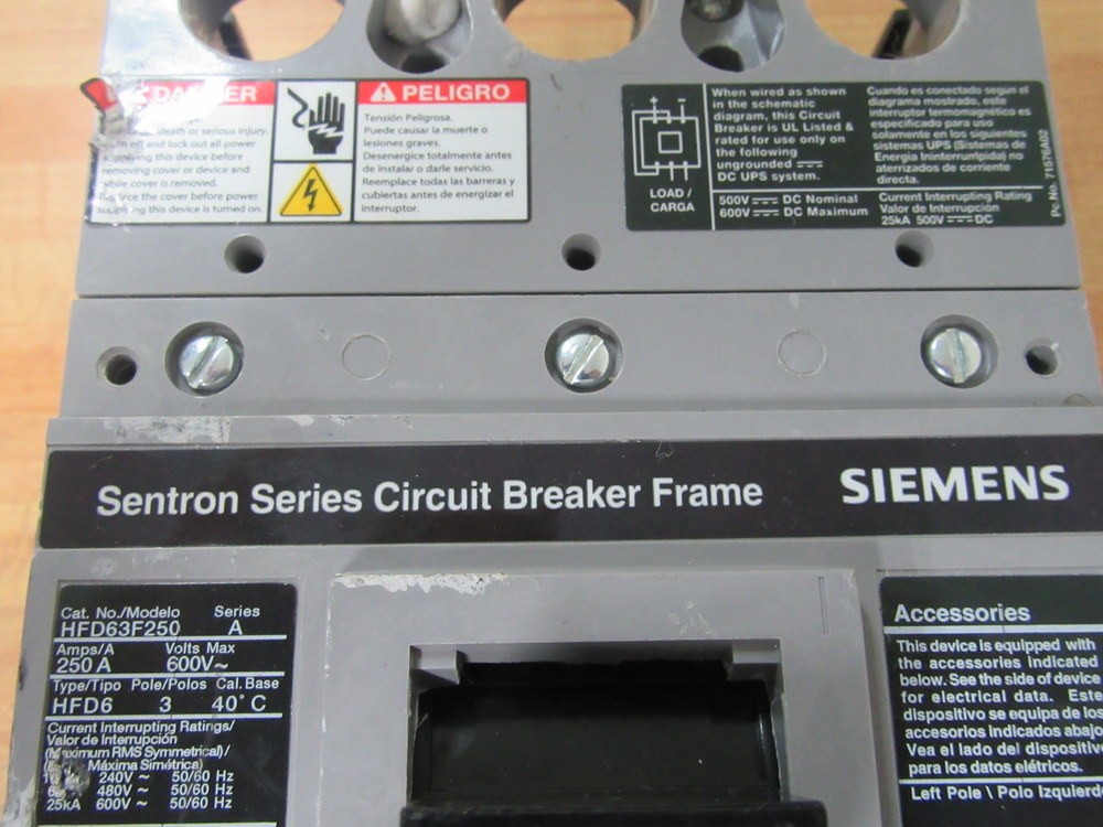 Siemens HFD63F250 250A Circuit Breaker HFD63F250L W/O Trip Unit