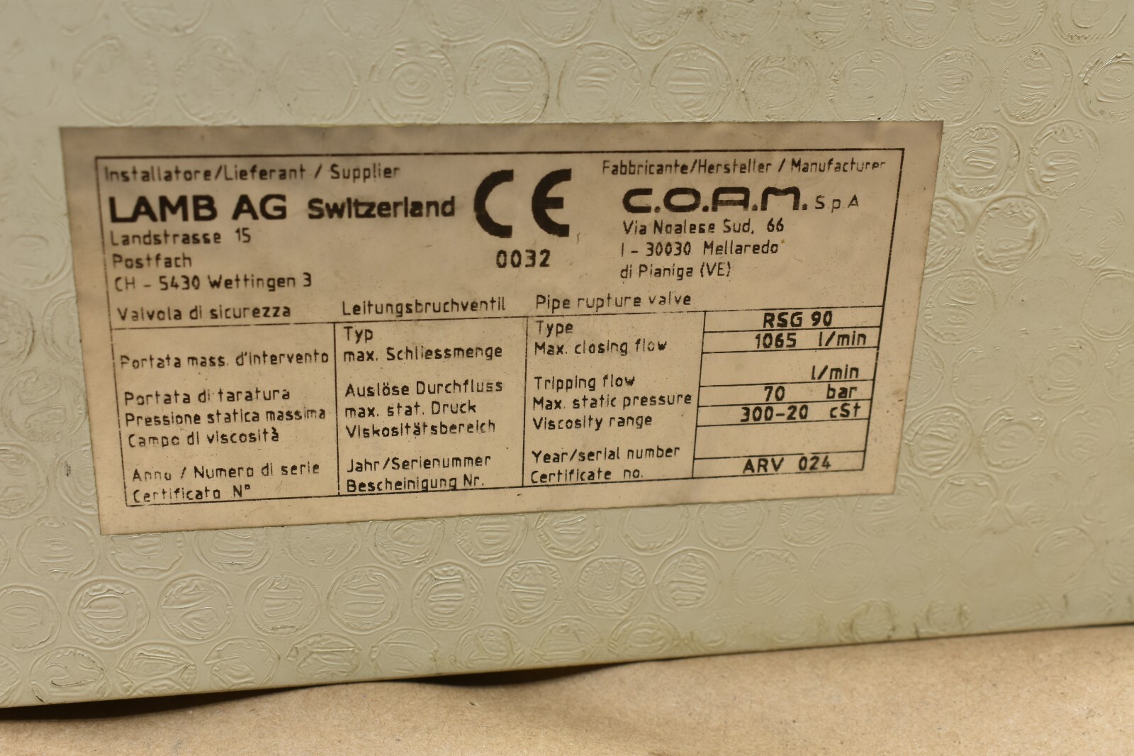 COAM RSG 90 Rupture Valve, 1065 l/min, Viscosity 300-20 Cst