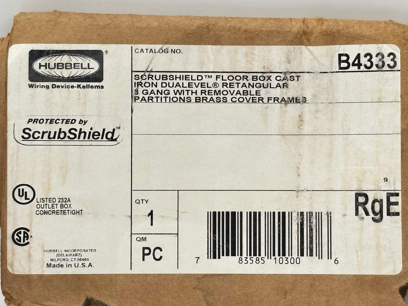 Hubbell B4333 3‑Gang Deep Cast Iron Flush Floor Box with Brass Top
