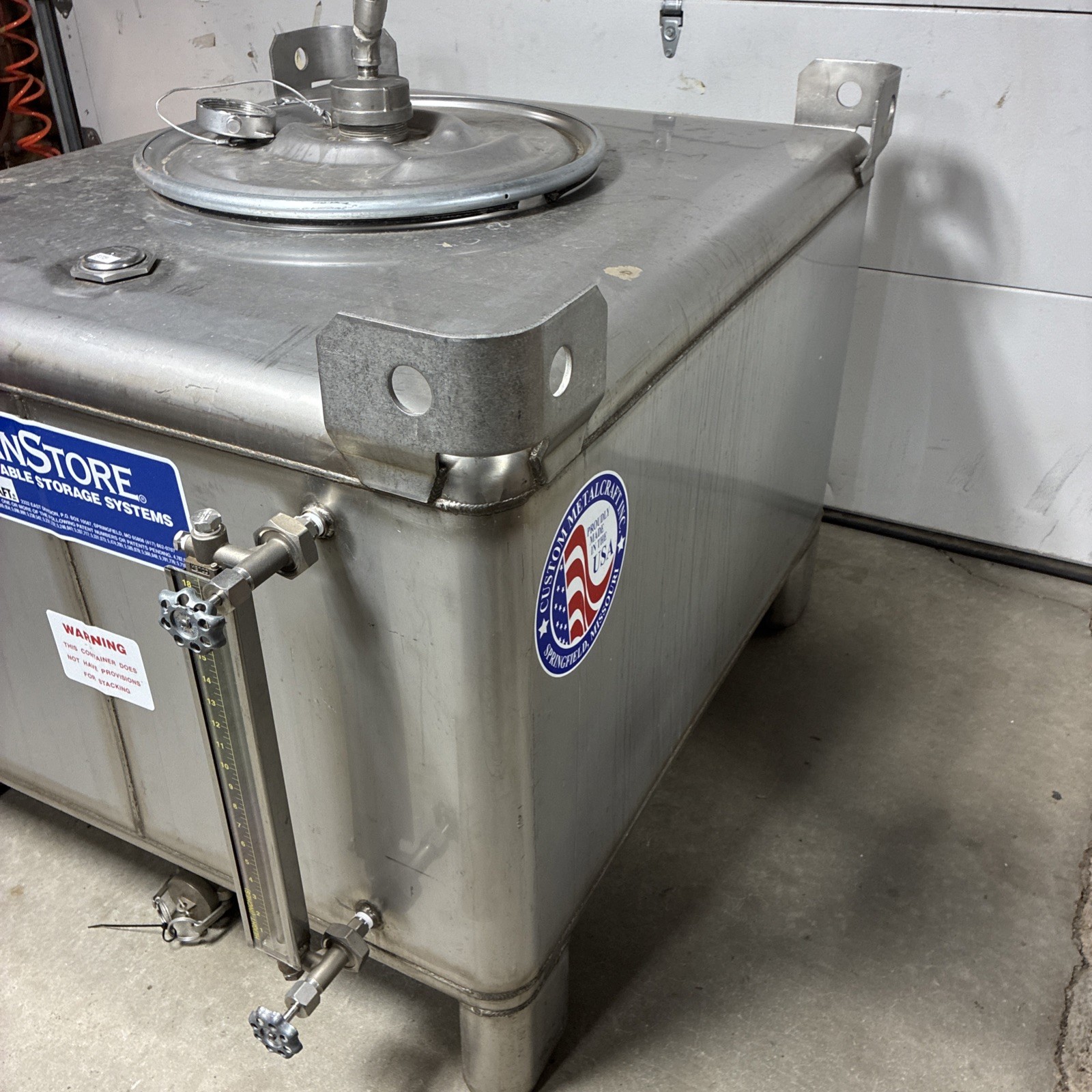 TranStore 250 Gallon 304 Stainless Steel Stackable IBC W/ Liquid Site Glass