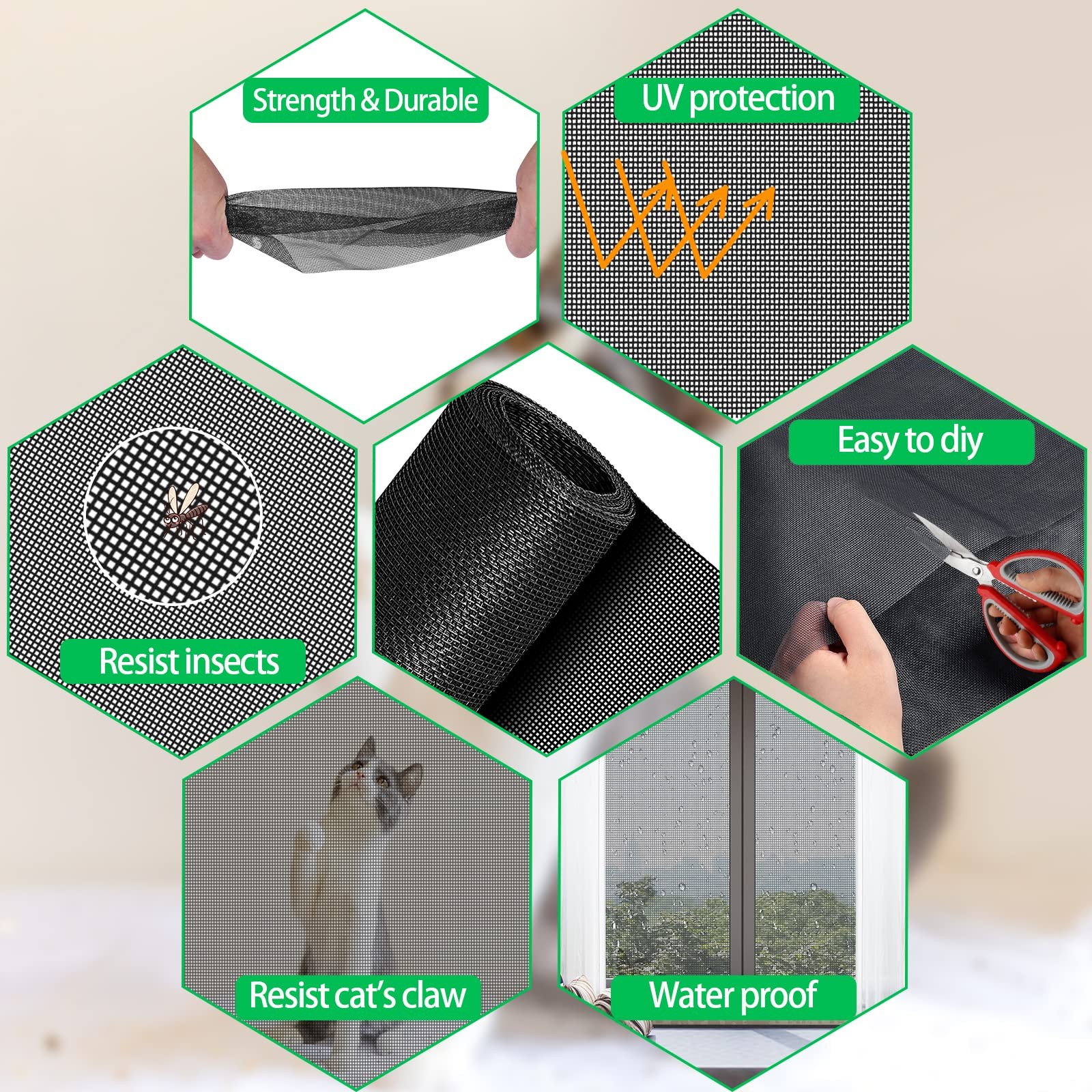 QWR Pet Proof Window Screen 39”x 118”-Folded/with Tool Kit, Black