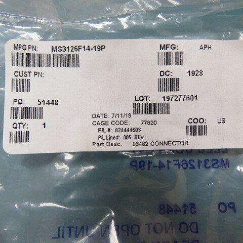 AMPHENOL MS3126F14-19P Qty of 1 per Lot 19 Position Circular Connector Plug, Ma