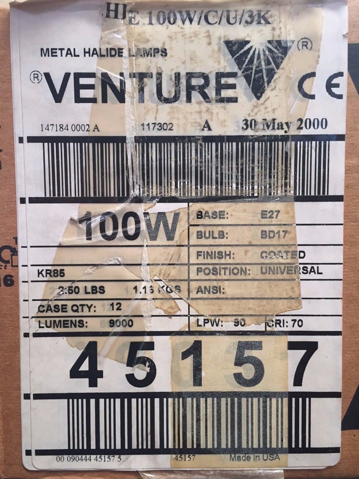Venture HIE 100W/U Metal Halide Lamp 100W E27 Kr85 Cool White 840 Clear x20