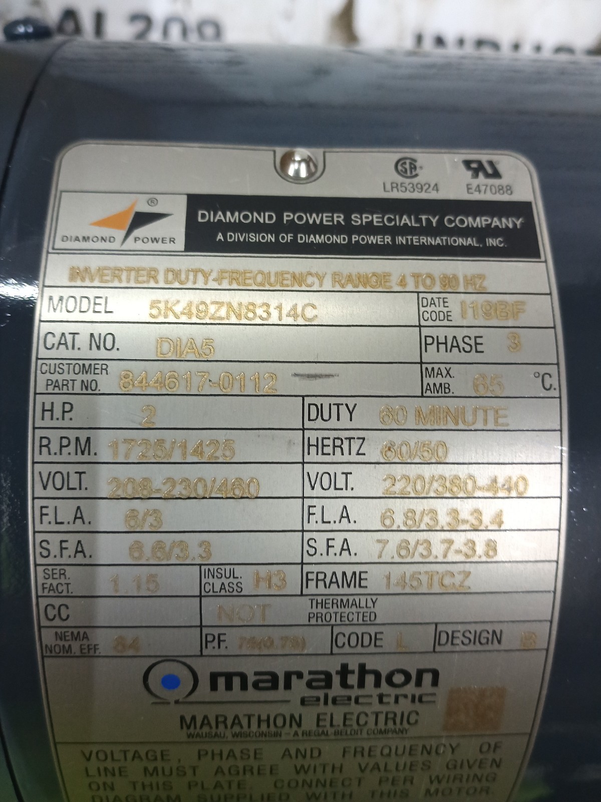 2HP MARATHON 5K49ZN8314C 1725/1425 PH 3 VOLTS 208-230/220