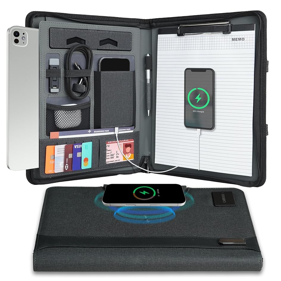 CARDSILK, Zipper Padfolio, Portfolio Binder Organizer with 8000mAh Power Bank, P