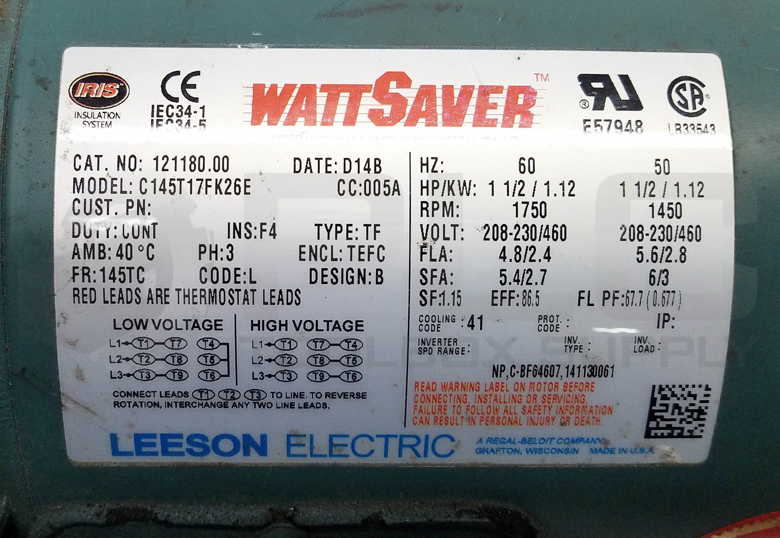 NEW LEESON C145T17FK26E MOTOR 1.5HP 3PH 1750RPM, Cat: 121180.00
