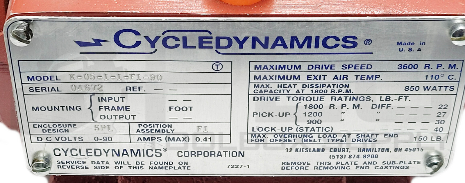 NEW CYCLEDYNAMICS K-05-1-1-F1-90 CYCLEDYNE MOTOR 0-90V 0.41A 3600RPM *READ*
