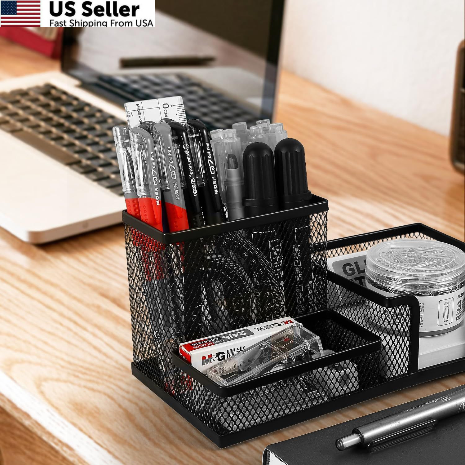 3-Compartment Mesh Pen Holder Desk Organizer Metal Pencil Cup Sticky Note Black
