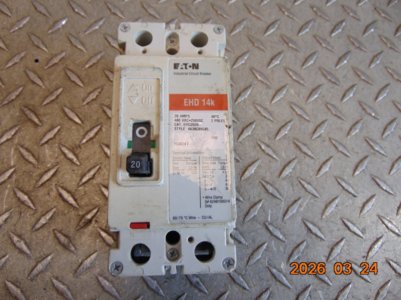 EATON EHD2020 20A 20 AMP 2-POLE CIRCUIT BREAKER 480VAC 250VDC