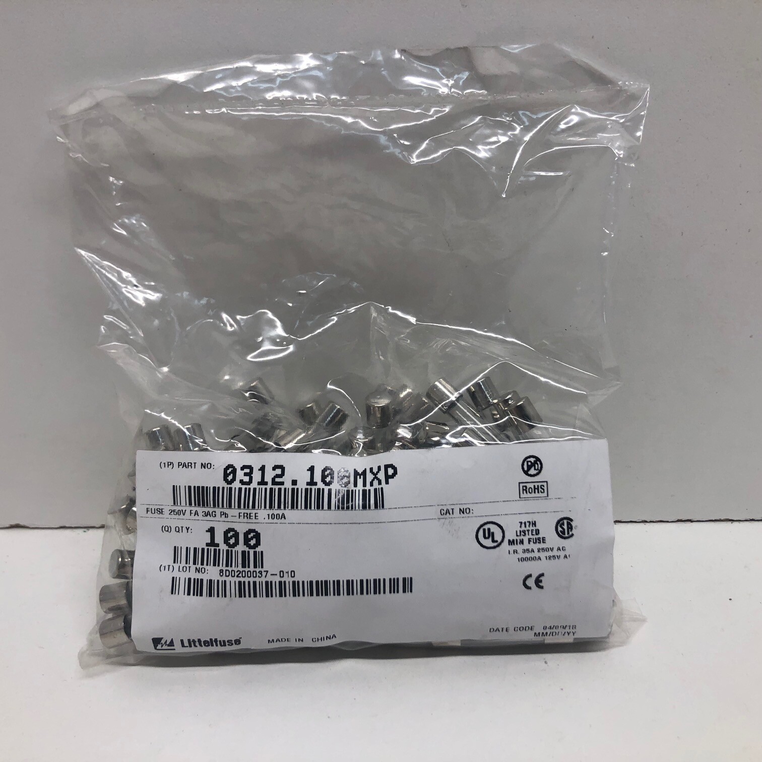 BAG OF 100 NEW! LITTELFUSE .100A 250V CARTRIDGE FUSES 0312.100MXP