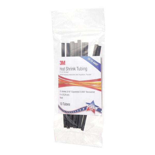 3M Fp301-3/16-6″-Black-10-10 Pc Pks Shrink Tubing, 0.187 In Id, Bl, 6 In, Pk10