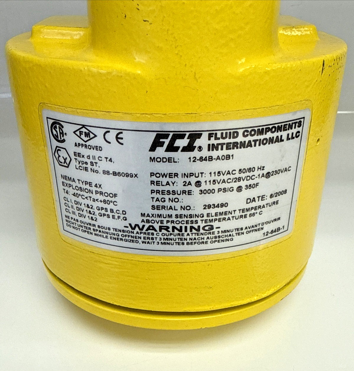 FCI 12-64B-A0B1 Flow Switch 115VAC 3000 PSIG NEMA4 X Explosion Proof