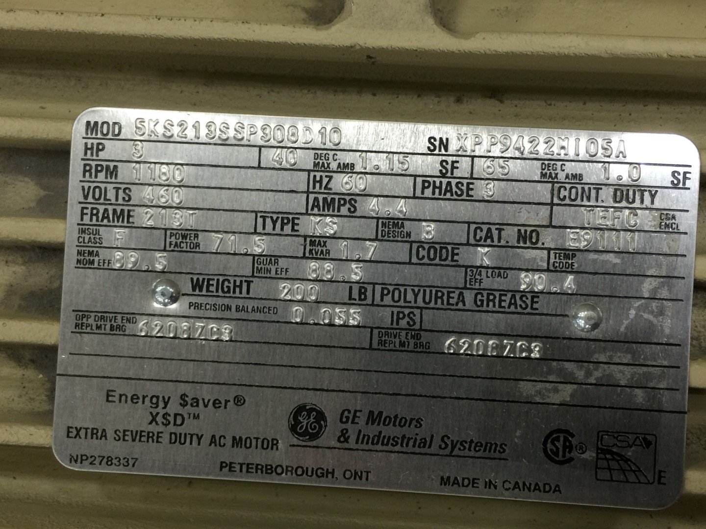 General Electric 5KS213SSP308D10 Energy Saver® Extra Severe Duty AC Motor 3HP