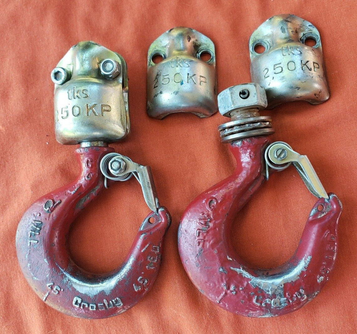 2-CROSBY 45 1FD & 1ED HOOK WITH LATCH, THREADED SHANK WITH CASTLE NUT ADAPTER