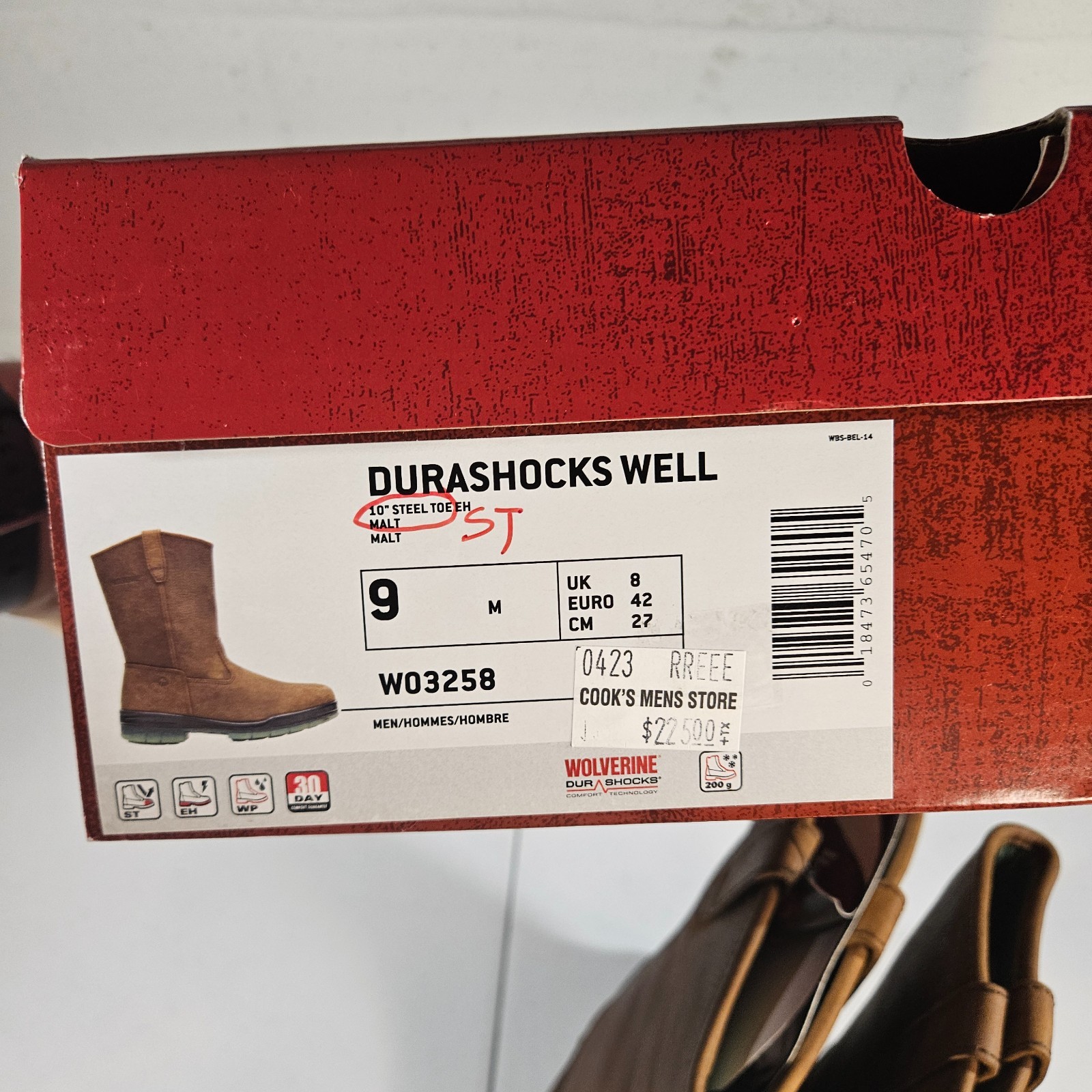 Wolverine Men’s Steel Toe W03258 DuraShocks Wellington Stone 9 M New