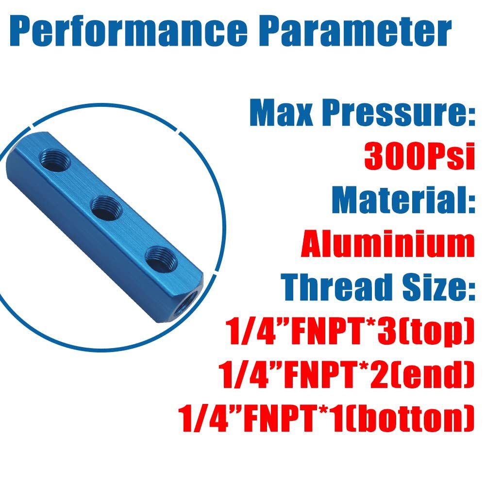 3-Way 6-Port Air Manifold 1/4″ NPT Female Thread Aluminum Blue