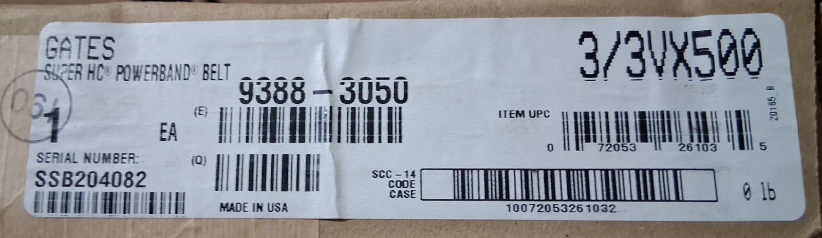 “NEW” GATES 9388-3050 SUPER HC POWERBAND BELT 3/3VX500 “PLUS FREE SHIPPING”