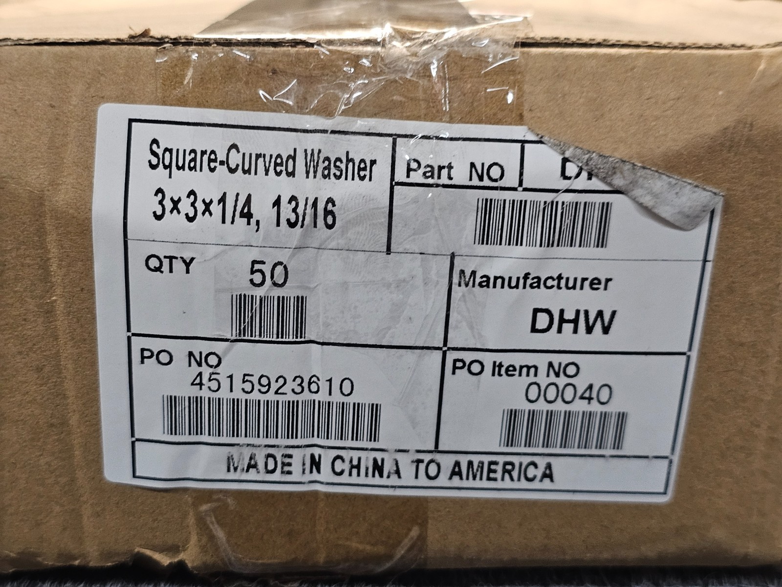 (QTY 50)Square-Curved Washer, Steel, Galvanized, 3/4″ dia, 3×3×1/4, 13/16, DF4W5