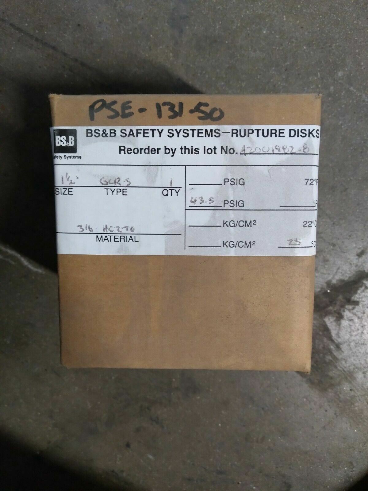 NIB BS&B RUPTURE DISK A2001982-8 GCR-S 1-1/2″ 43.5 PSIG