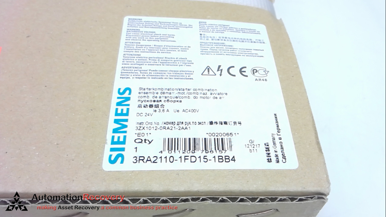 SIEMENS 3RA2110-1FD15-1BB4, LOAD FEEDER, FUSELESS, 400VAC, 24VDC, NEW #250557