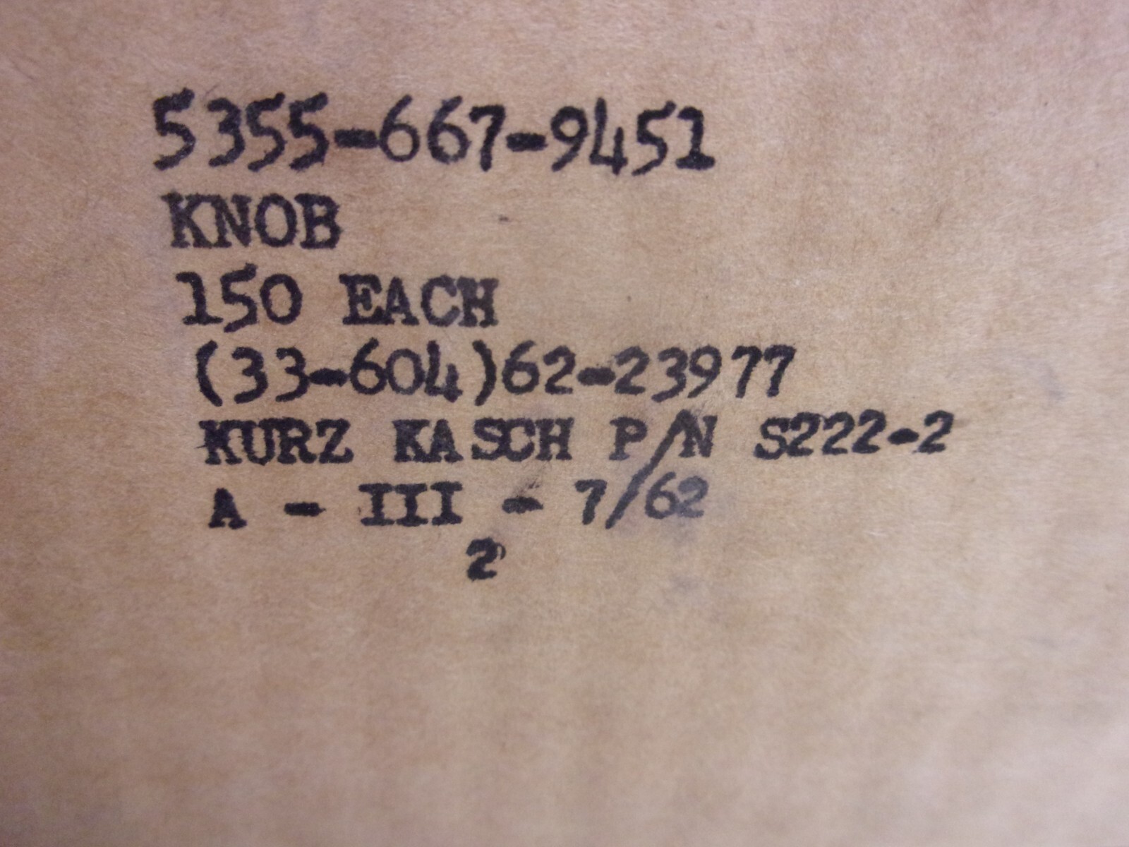Kurz Kasch S222-2, 5355-667-9451, 33-604 62-23977 Knob, box of 150