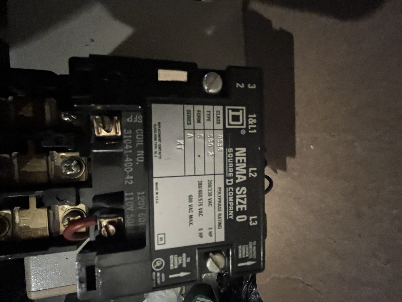 Square D Nema Size 0 Class 8536, Type SB0-2, 600V 120V Coil Used Good Condition
