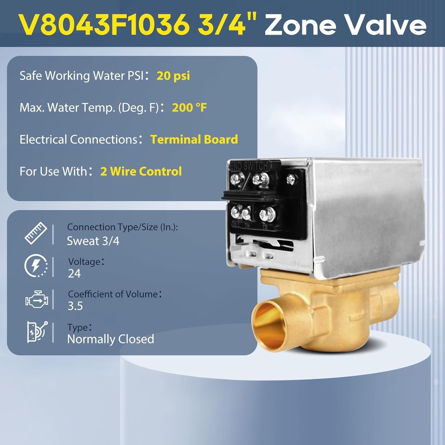NEW V8043F1036 Zone Valve 3/4 Sweat 24V 2-Way 4-Wire Normally Closed Actuator