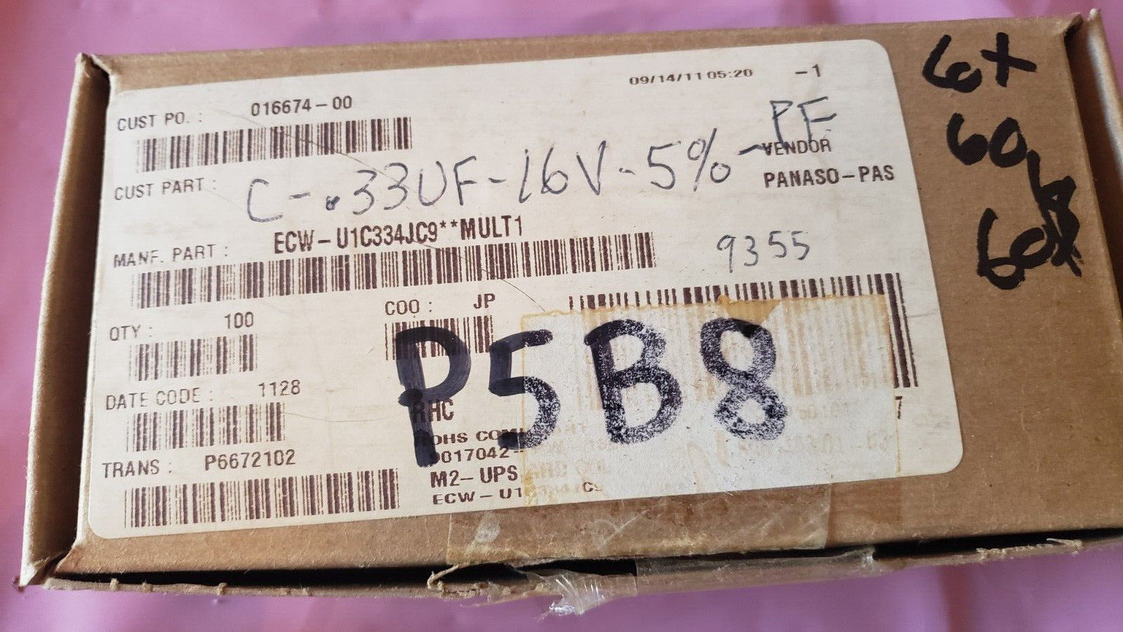 NEW LOT of 60 Panasonic Capacitor FILM 0.33UF 5% 16VDC 2416 # ECW-U1C334JC9