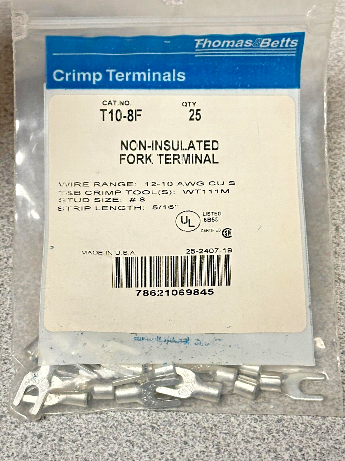 NEW 50 pack Thomas & Betts T10-8F Uninsulated Fork Terminal 12-10AWG #8 Stud