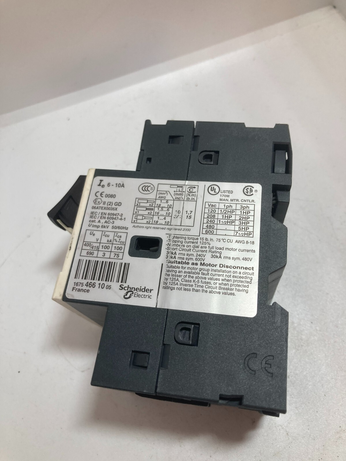 TELEMECANIQUE GV2ME14 MANUAL STARTER PROTECTOR 3 POLE 6-10A 690VAC 50/60HZ