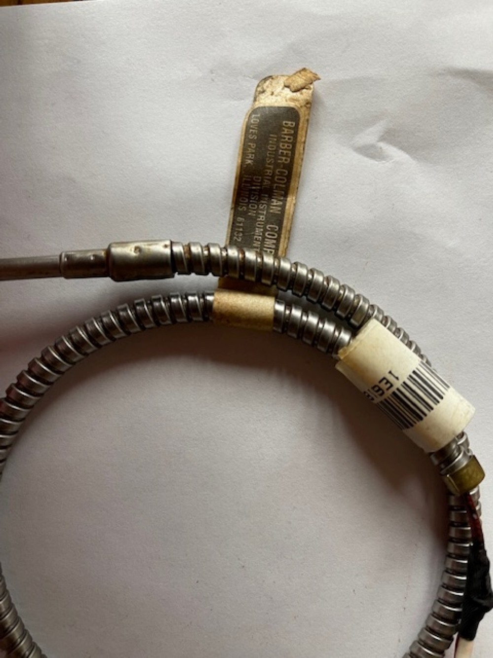 Barber Coleman Type J Thermal Couple- 3″ Long 3/16″ Probe 16″ Armor Clad, 750 F