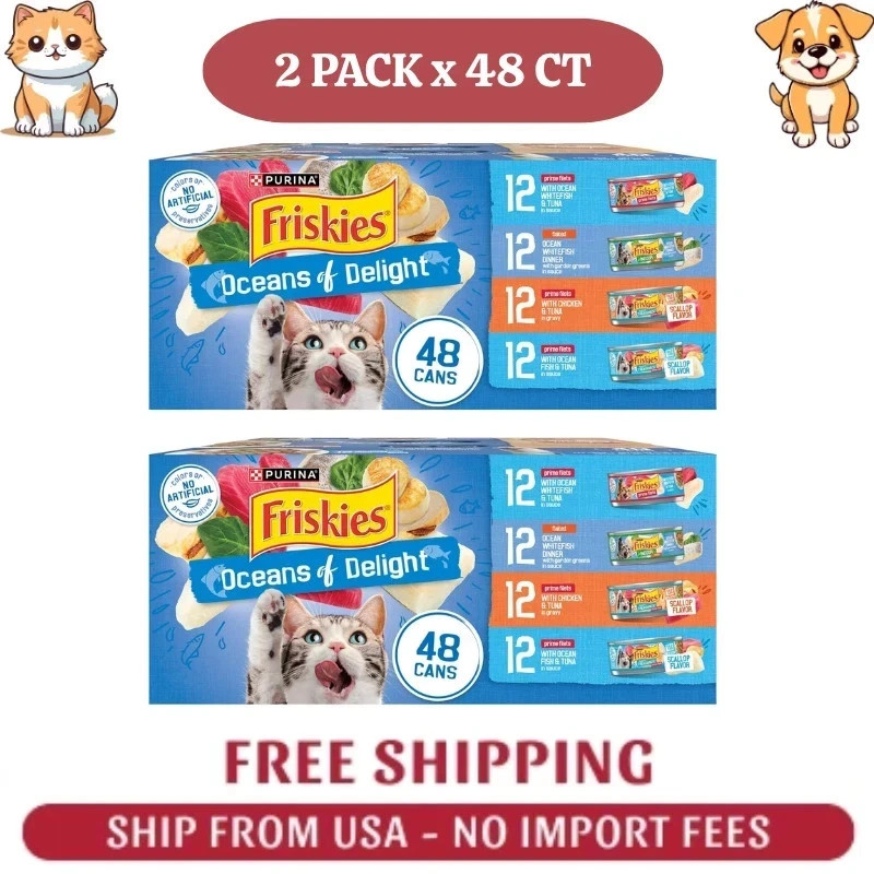 2 PACK Purina Friskies Wet Cat Food Variety Pack, Oceans of Delight Flaked, 48ct