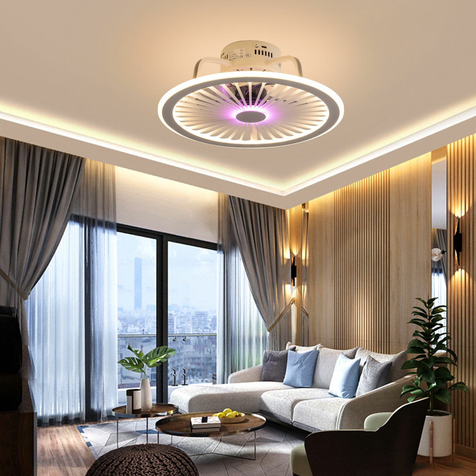 Modern Invisible Ceiling Fan Light 3-Color Dimmable LED Chandelier Lamp W/Remote