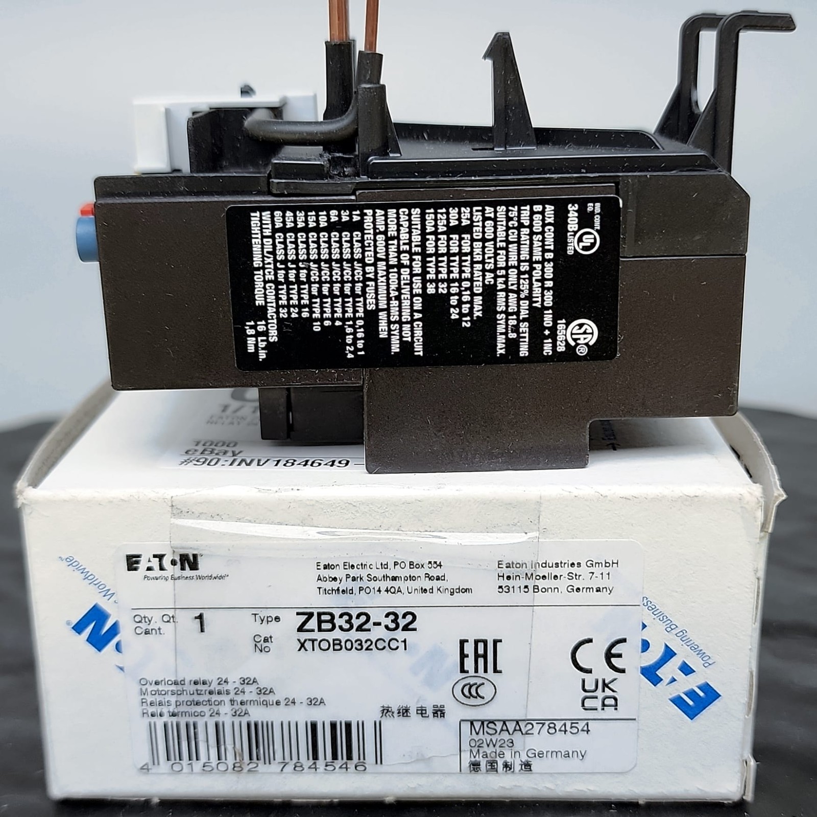 EATON ZB32-32/XTOB032CC1 Thermal Overload Relay 24-32A 1NO/1NC New In Box