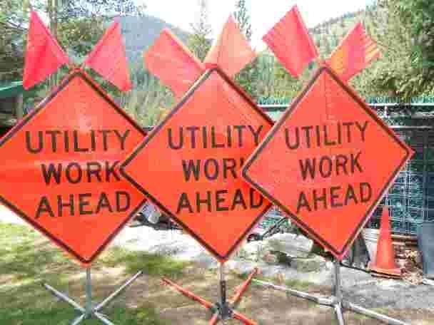 1 of 3 “Utility Work Ahead” 48inch Traffic Control Sign, sign w/Flags and stand