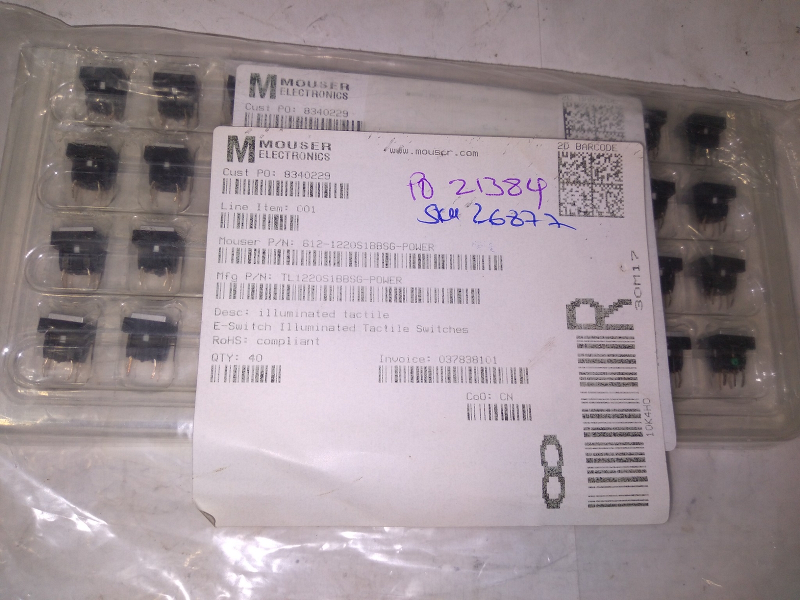 MOUSER ELECTRONICS 612-1220S1BBSG-POWER ILLUMINATED TACTILE …. LOT OF 10