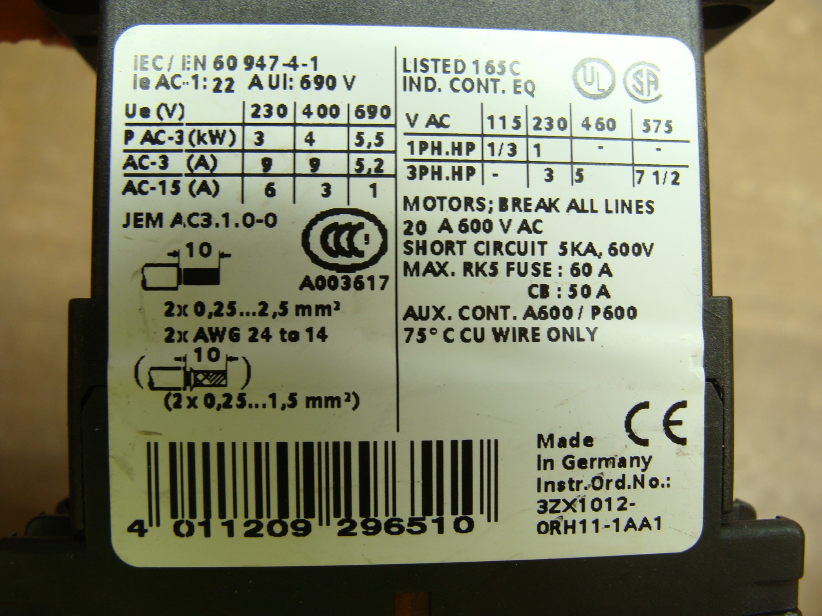 LOT OF 3 SIEMENS CONTACTORS 3RT1016-2BB42 W/3RT1916-1BB00 SURGE SUPRESSOR