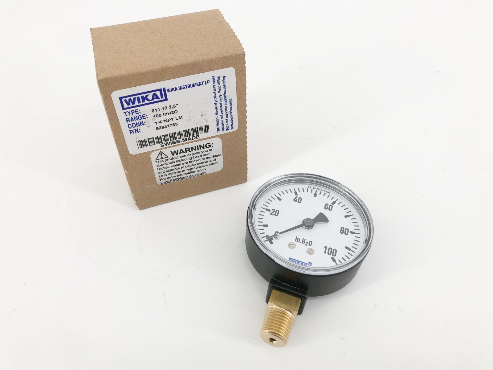 New Wika 52941783 Gauge 611.13.2.5″ 0-100 IN H2O 1/4″ Lower Mount